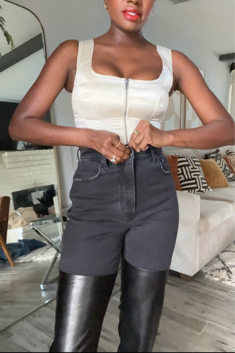 Two toned black denim with faux leather details. I’m wearing my regular size 26. Runs tts  

#LTKSale #LTKstyletip