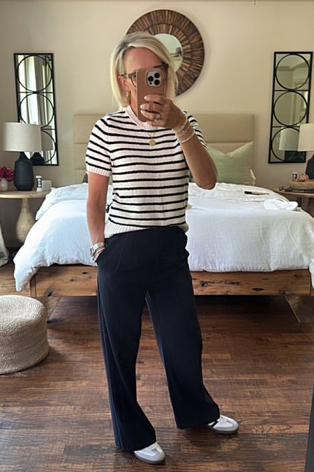 Summer outfit idea. Trousers are so comfortable and not hot paired with this short sleeve sweater that comes in a few different colors. I own in cream and the stripe. I sized up in the sweater one size to a medium. The trousers fit true to size.

This would also make a great travel outfit

Abercrombie 

#LTKTravel #LTKOver40 #LTKStyleTip