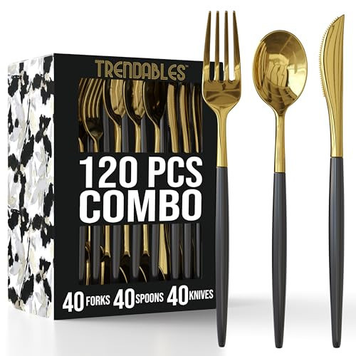 Trendables 120 Pack Disposable Silverware Set - Silver Cutlery Dinnerware - Includes 40 Plastic Forks, Spoons, Knives - Black & Gold Plastic Silverware Party Set | Amazon (US)