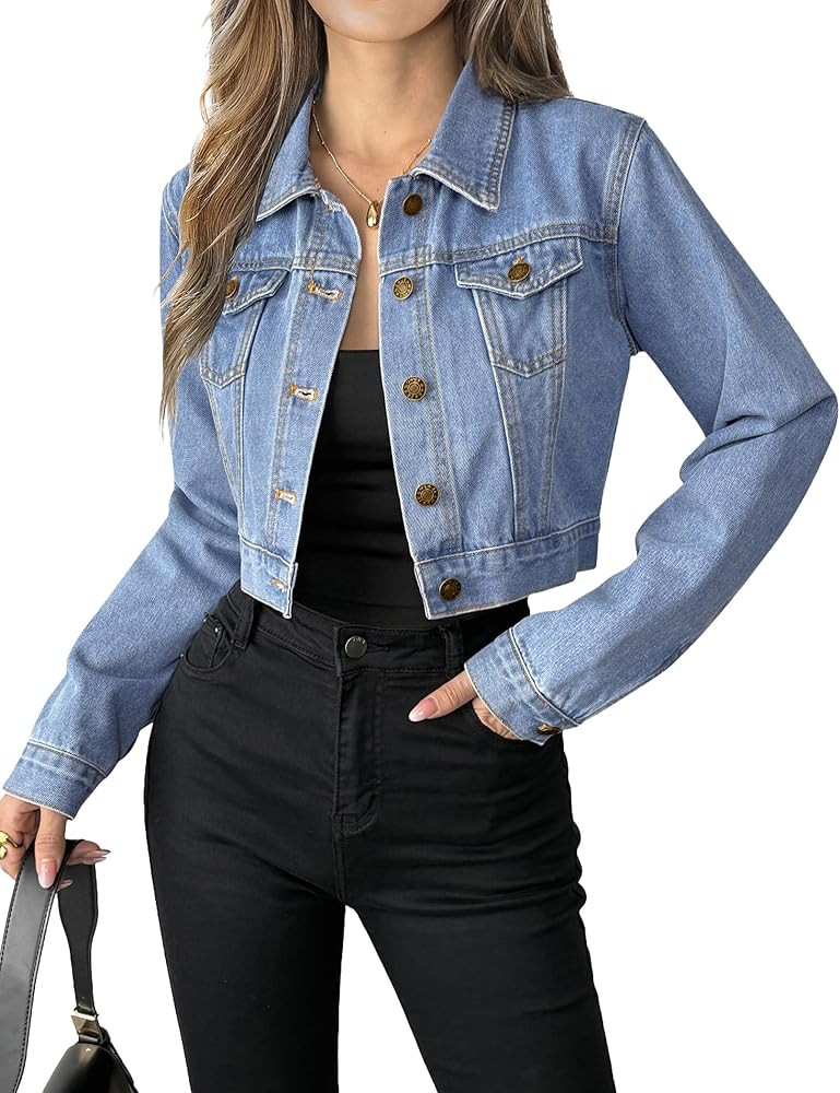 Grabsa Women's Button Down Long Sleeve Cropped Denim Jean Jacket with Pockets | Amazon (US)
