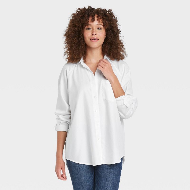 Women&#39;s Raglan Long Sleeve Button-Down Shirt - Universal Thread&#8482; White XS | Target