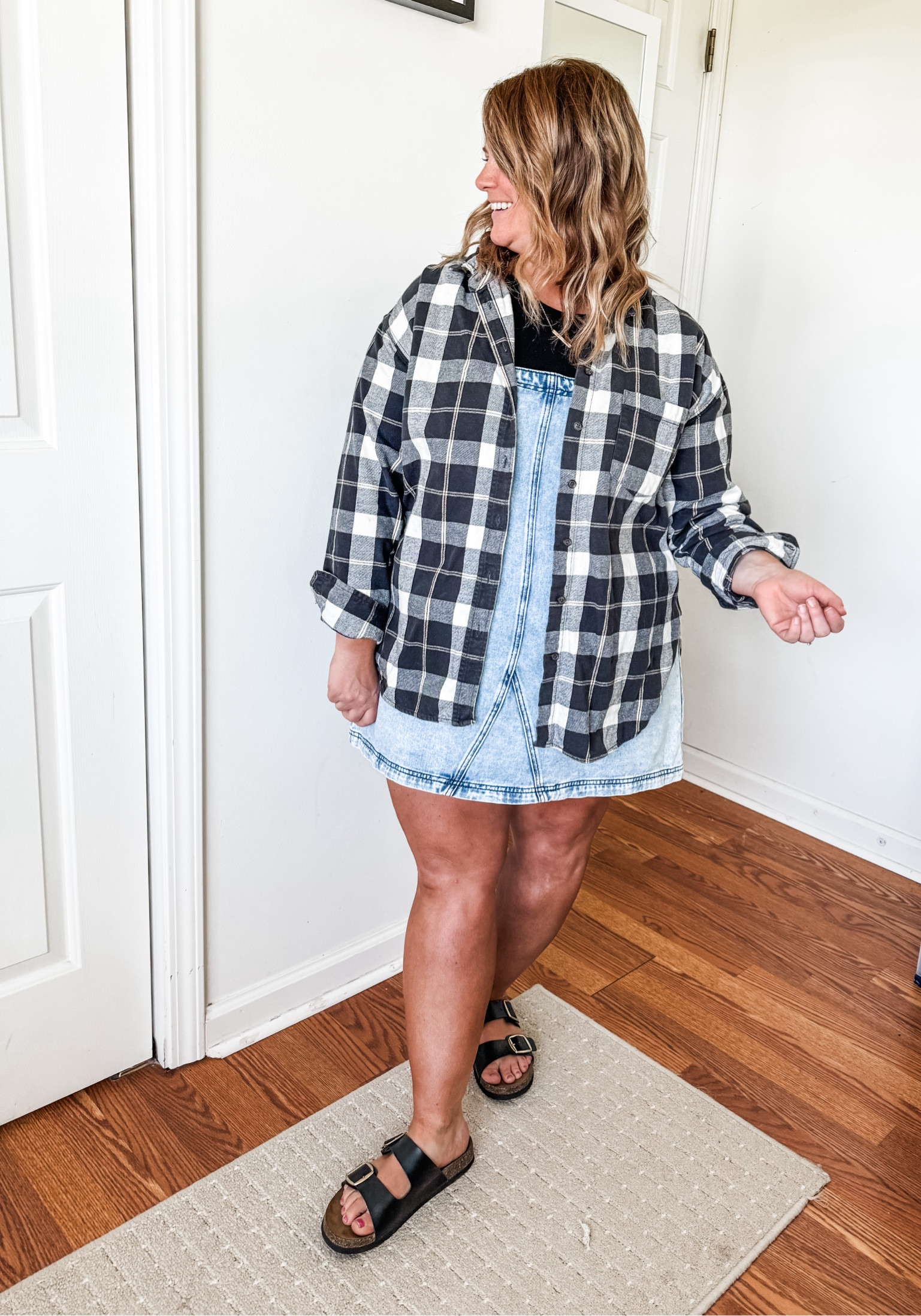 Cutest early fall outfit!  Denim jumper and flannel 

#LTKMidsize #LTKFindsUnder50 #LTKSeasonal