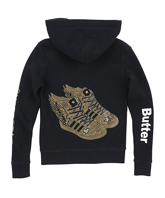 Butter Super Soft Girls' Sweatshirts and Hoodies BLACK - Black & Gold Sneakers Zip-Up Hoodie - Girls | Zulily