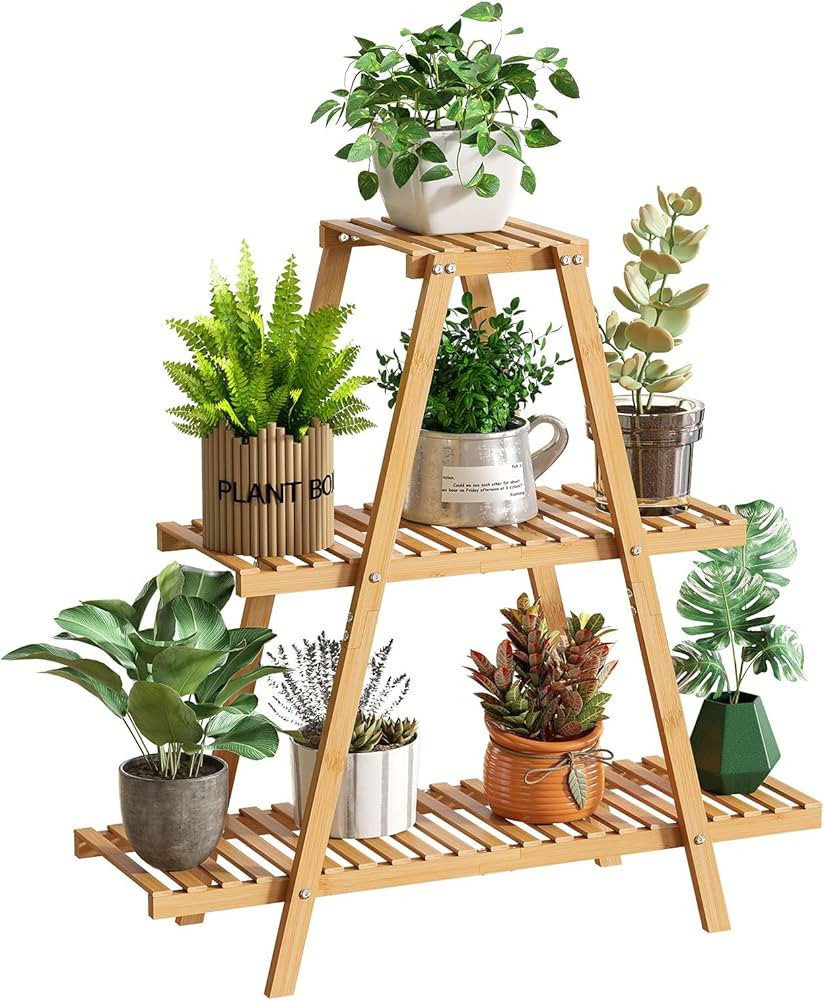 GHWIE Plant Stand Indoor Plant Shelf Outdoor bamboo Plant Rack, 3 Tiers Ladder Plant Holder Flowe... | Amazon (US)
