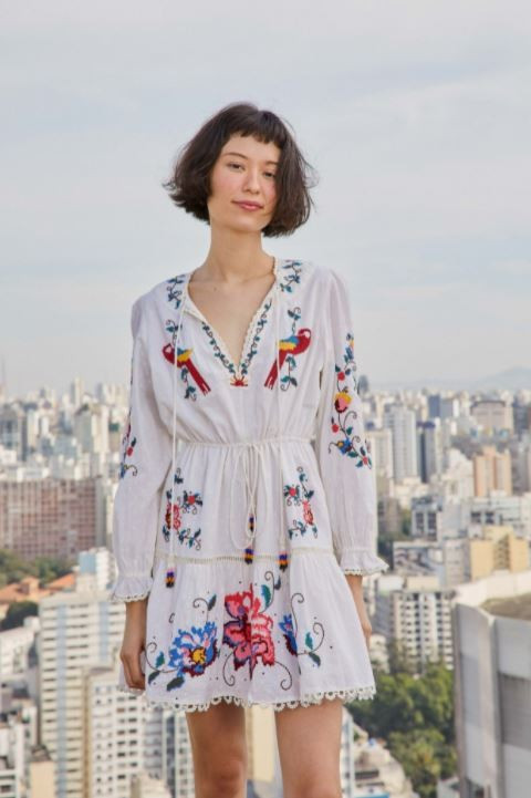 MACAW CROSS STITCH EMBROIDERED MINI DRESS | FarmRio (US)