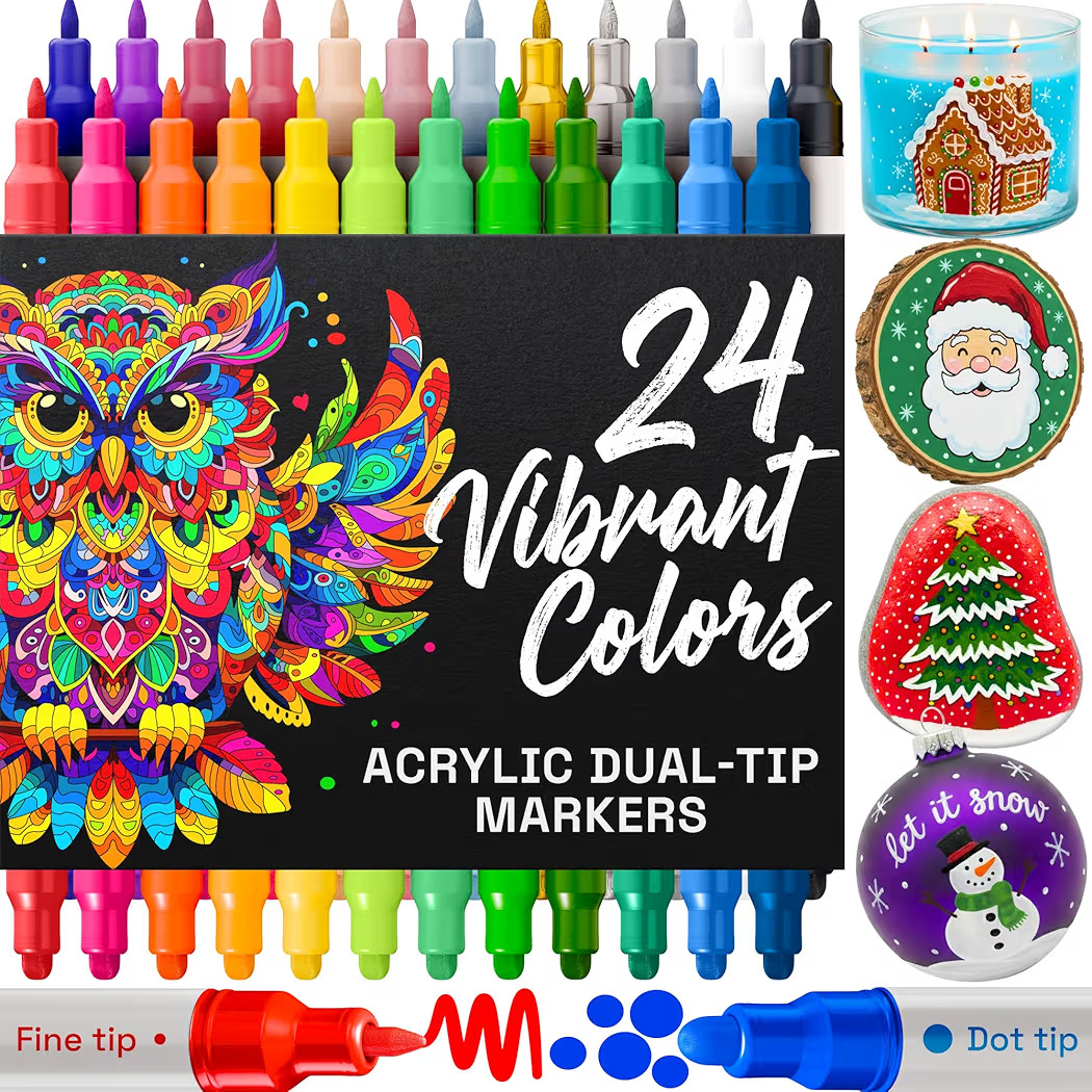 ARTISTRO 24 Acrylic Paint Markers for Rock, Fabric, Wood, Glass, Craft, Decoration - Dual-Tip Pai... | Amazon (US)