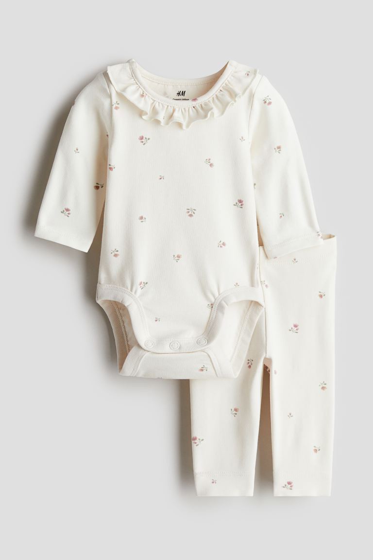 2-piece Cotton Jersey Set - Round Neck - Long sleeve - White/floral - Kids | H&M US | H&M (US + CA)