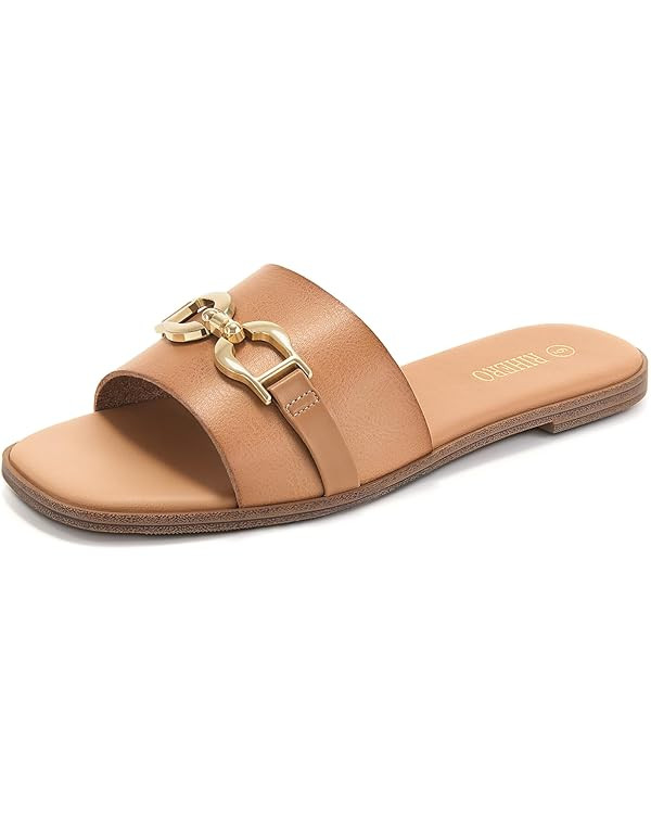 Rihero Women's Flat Sandals Summer Comfortable Square Open Toe Slip On Leather Slide Sandals | Amazon (US)
