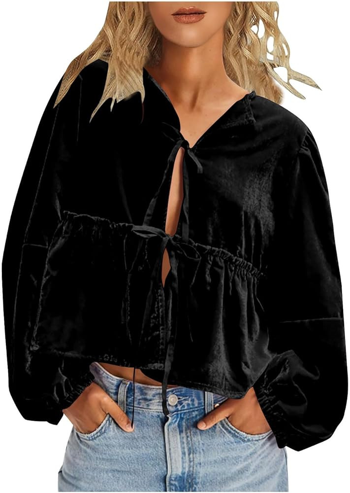 Flowy Puff Sleeve Velvet Tops for Women Trendy V Neck Bow Tie Front Top Long Sleeve Blouse Babydo... | Amazon (US)
