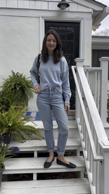 I really love this light blue sweater with the light jeans and the bold black ballet flats. Living in cotton sweaters right now and this one is under $50 & made of organic cotton! #LTKsustainablestyle 

#LTKfindsunder50 #LTKVideo #LTKSeasonal