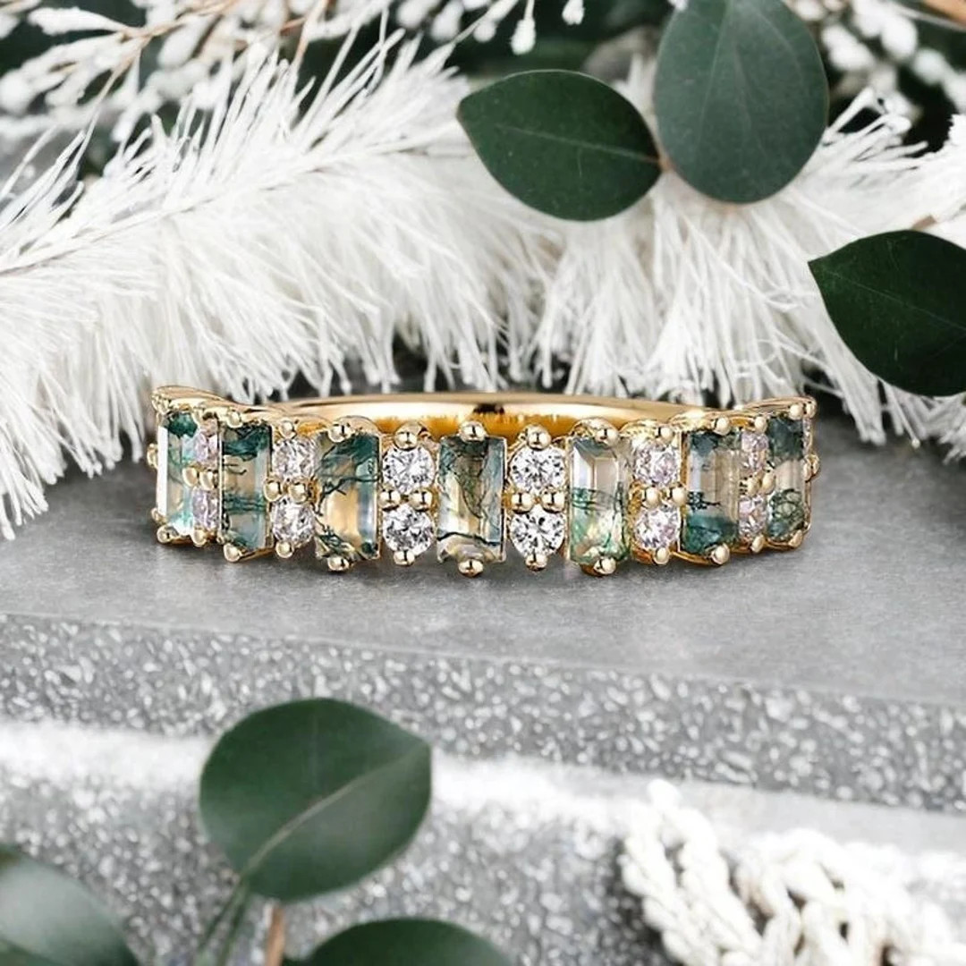 Baguette Moss Agate Wedding Band Ring Art Deco Eternity Band Unique Moss Agate Gold Ring Moss Aga... | Etsy (US)