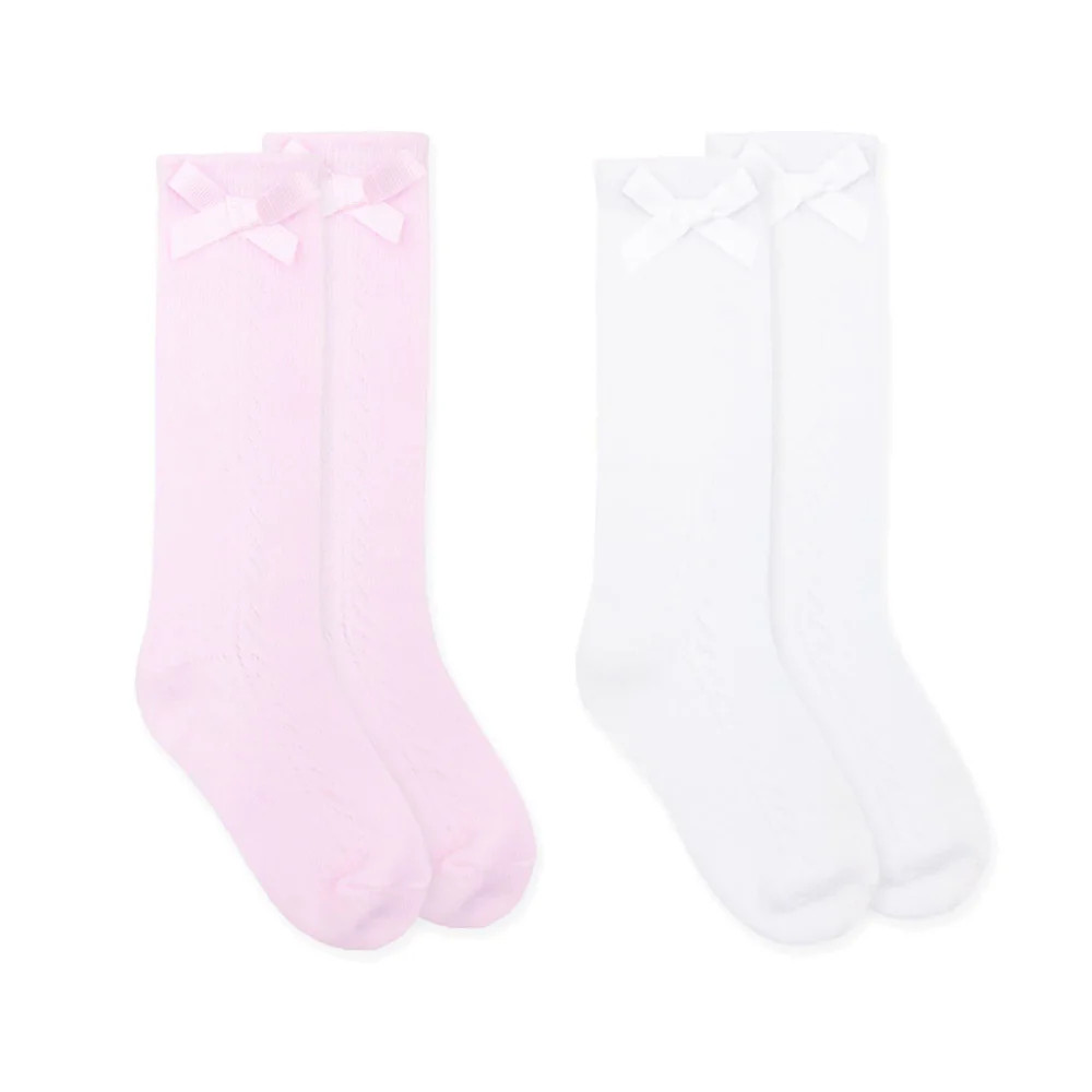 Pointelle Bow Knee High Socks for Girls in White & Pink | Classic Whimsy