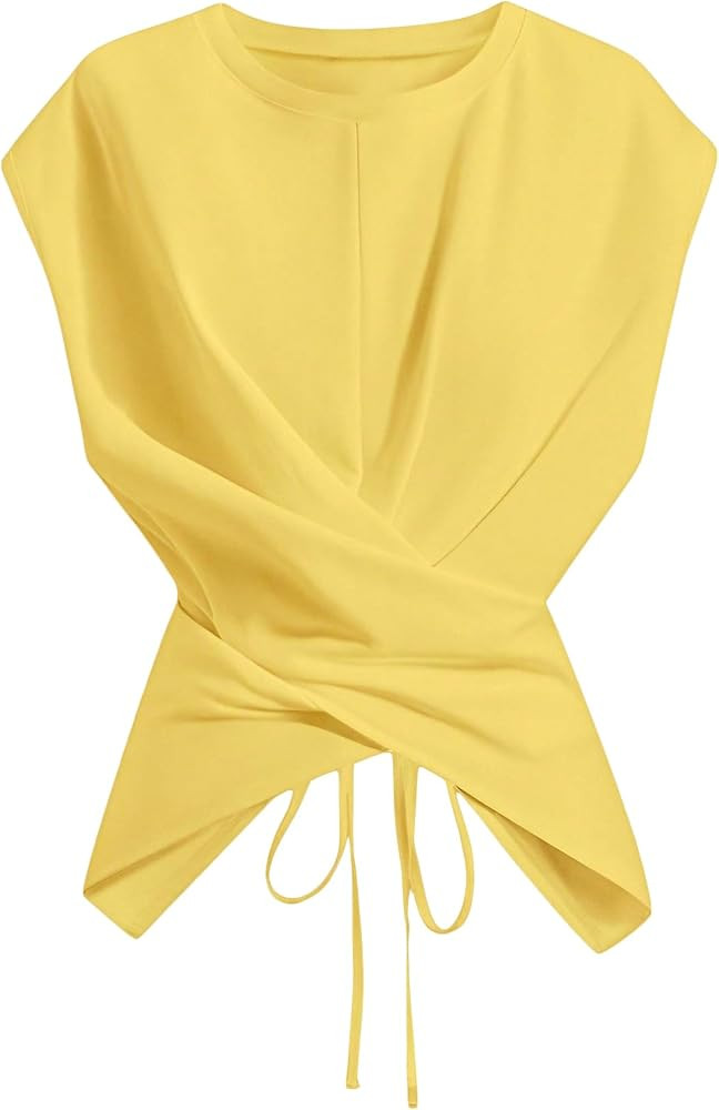 Verdusa Women's Cinched Waist Wrap Top Cap Sleeve Tie Back Going Out Workout Business Casual Tops | Amazon (US)