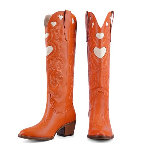 POYOIOR Orange Cowboy Boots for Women Wide Calf Round Toe Chunky Stacked Heel Knee High Cowgirl Boot Heart Pattern Classic Embroidered Tall Western Booties Pull on Size 7 | Amazon (US)