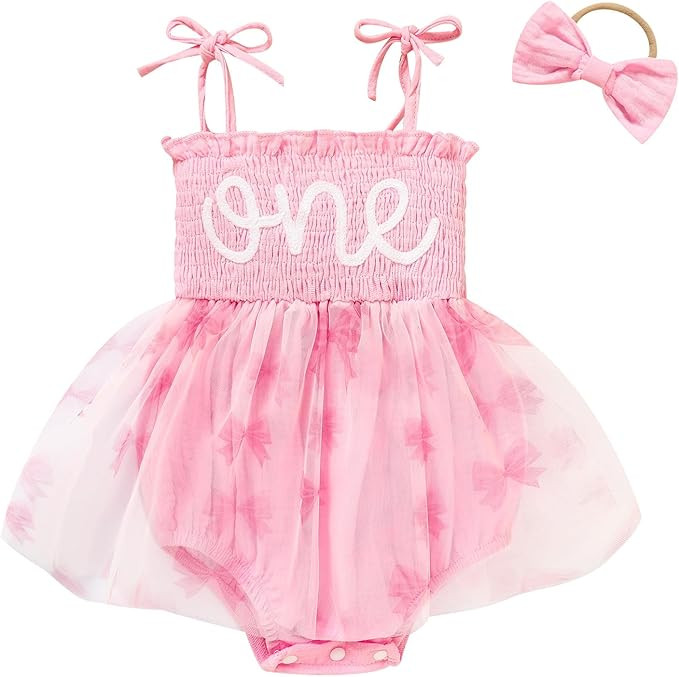 TITKKOP Baby Girl 1st Birthday Clothes One Year Old Tulle Romper Sleeveless Bodysuit Cake Smash O... | Amazon (US)