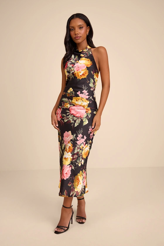 Alandra Black Multi Floral Satin Halter Midi Dress | Lulus