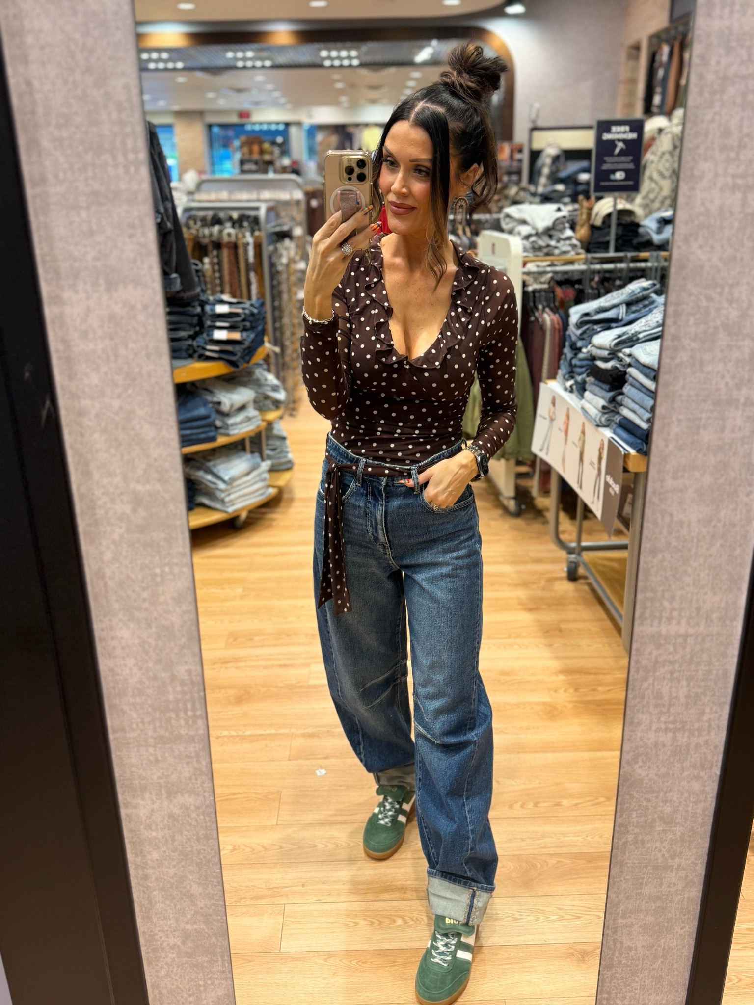 Brown polkadot top
Super unique barrel jeans 
Green Gola sneakers 
All pieces are from the buckle 

#LTKGiftGuide #LTKootd #LTKFindsUnder100