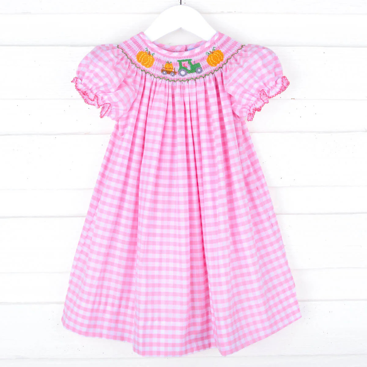 Pumpkin Hayride Pink Check Smocked Bishop Dress | Classic Whimsy