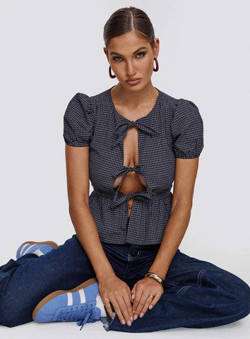 Verah Tie Up Puff Sleeve Top Navy Check | Princess Polly US