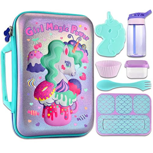 Girls Lunch Box Bag Set - 3D Unicorn Lunch Bag for Kids with Containers Reusable Complete Lunch Kit Included 3-Compartment Lunchbox Leakproof Insulated Lunch Bag Sets for Toddler School Lunch Supplies | Amazon (US)