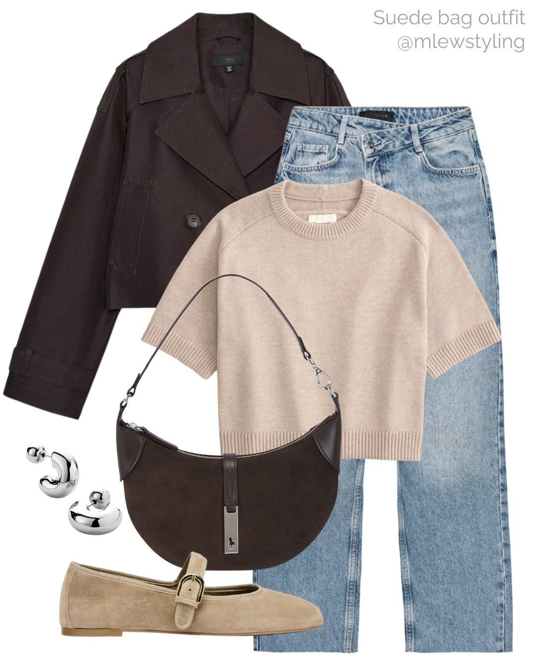 Early fall outfit with a suede bag from polo Ralph Lauren 🤎

Tags: autumn look, late summer outfit, Abercrombie sweater tee, new-in Zara cross waist jeans, suede ballet flats, brown short trench coat, silver hoop earrings, neutral aesthetic, back to school, teacher outfit, casual workwear, office outfit 

#LTKWorkwear #LTKShoeCrush #LTKItBag