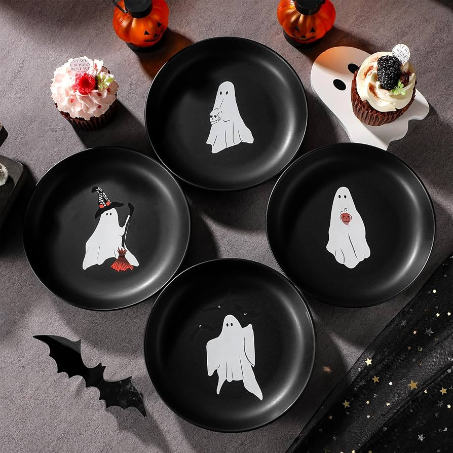 Potchen 4 Pack Halloween ceramic Plates Stoneware Appetizer Ghost Plates Reusable Spooky Round Di... | Amazon (US)