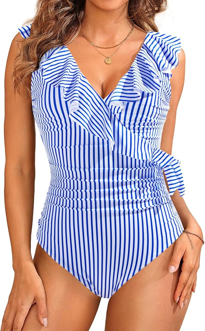Daci One Piece Swimsuit Women Tummy Control Bathing Suit Ruffle V Neck Swimwear Full Coverage Swi... | Amazon (US)