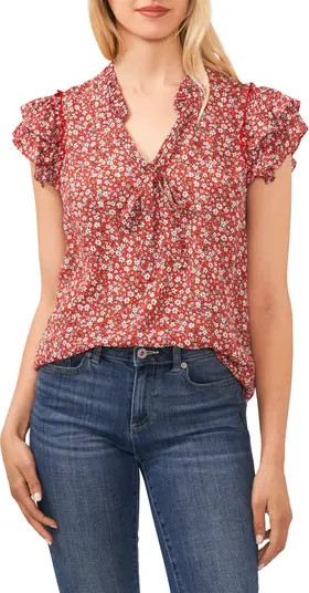 CeCe Floral Ruffle Tie Neck Top | Nordstrom | Nordstrom