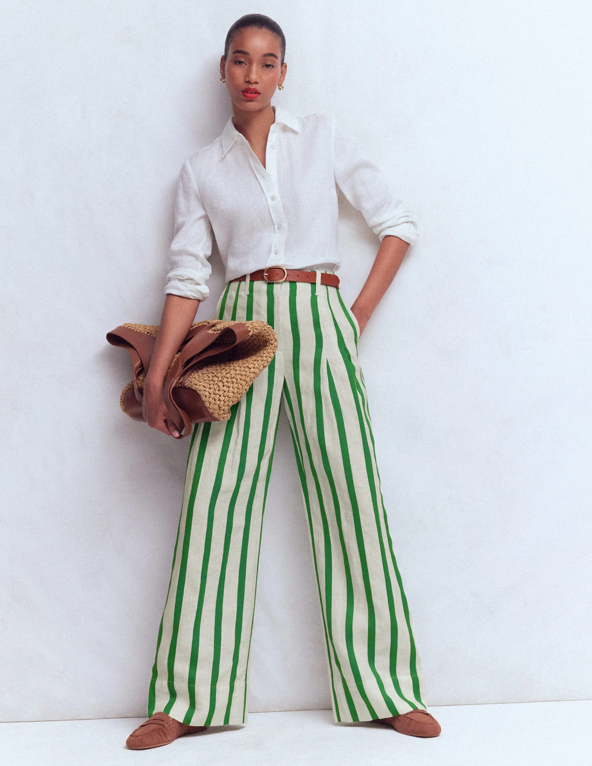 Mayfair Linen Trousers-Ivory, Fresh Green Stripe | Boden UK