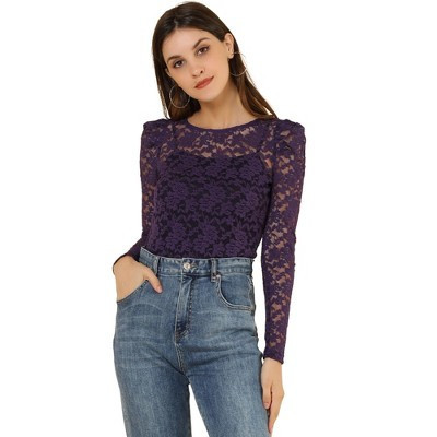 INSPIRE CHIC Women's Vintage Semi-Sheer Puff Long Sleeve Embroidery Lace Floral Blouse Purple X-Large | Target