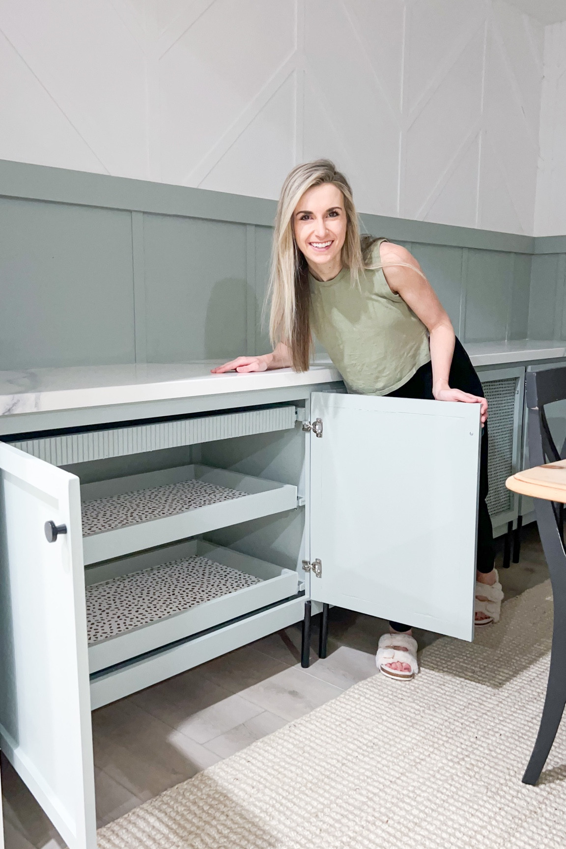 Here’s what I used to build my slide-out shelves!

My tips for building these…
- add bump outs to the sides of the cabinets so your shelves clear the cabinet doors
- measure from bump out to bump out, then subtract 1” for the width of your shelves
- subtract an inch or two from your cabinet depth for your shelf depth so you have wiggle room
- since I used 1x3s for the sides of my shelves, I subtracted 1.5” from the shelf width and depth to figure out my plywood base measurement 
- just make sure you install your slides back 1/2” or so from the face frame so your doors can close!




#LTKhome #LTKFind