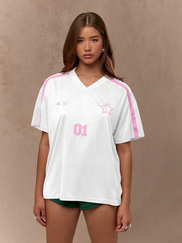 MISSGUIDED Oversized Football Jersey Varsity Style Athletic T-Shirt With Star Number Print Retro Sports Team Aesthetic Casual Streetwear Top Summer Sport Training Tee | SHEIN