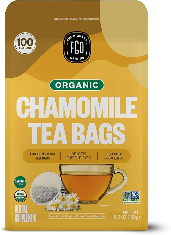 FGO Organic Chamomile Tea, 100 Eco-Conscious Tea Bags, Caffeine Free, Resealable Bag, Packaging M... | Amazon (US)
