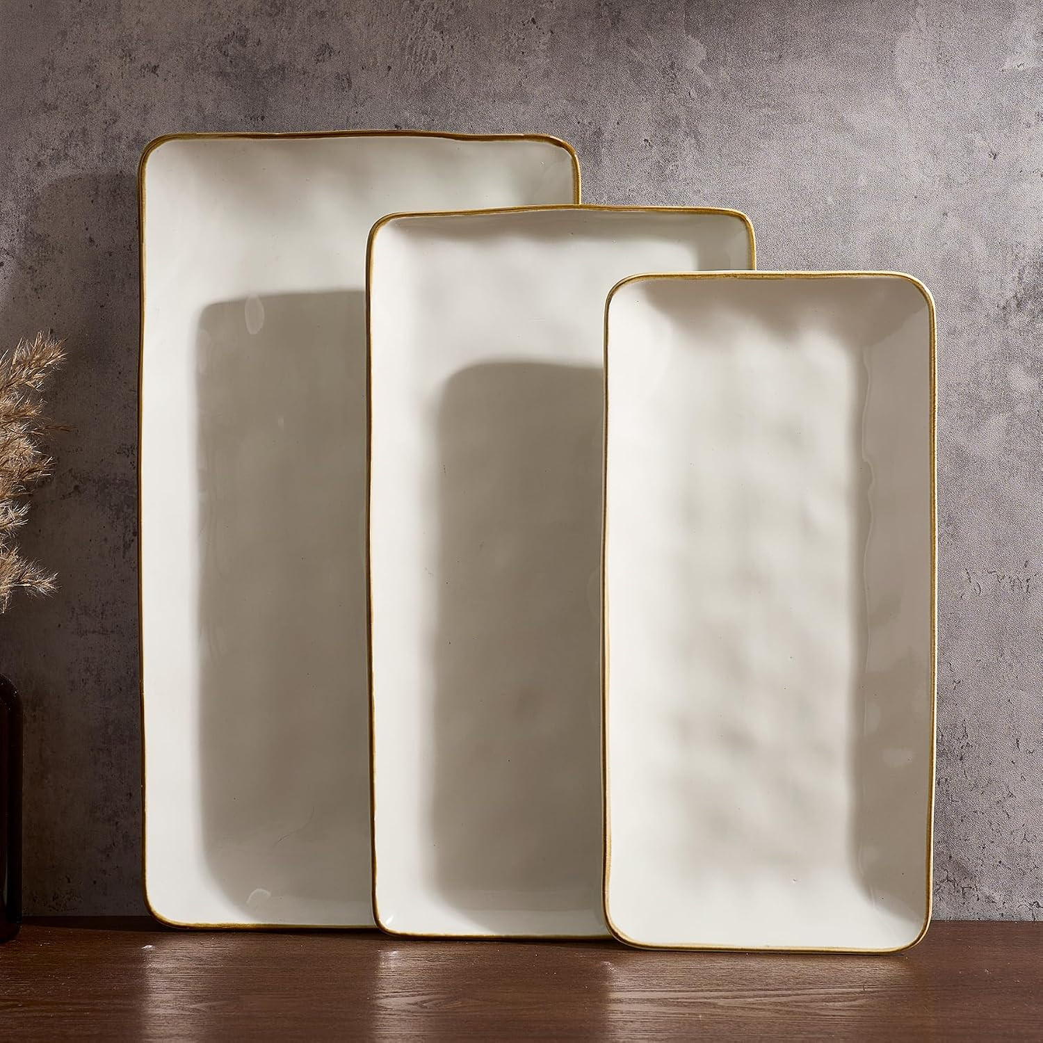 famiware Serving Platter, Rectangular 15.67/14.1/12.6inch Serving Dishes for Entertaining, Microwave Dishwasher Safe, Stoneware Serving Trays for Party, Turkey, Cheese, Ocean Series, Vanilla White | Amazon (US)