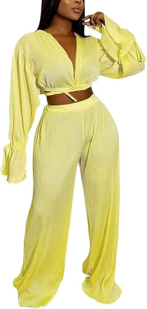 Ekaliy Women's 2 Piece Casual Pleated Outfits Short Sleeve Button Down Shirt High Waist Wide Leg ... | Amazon (US)