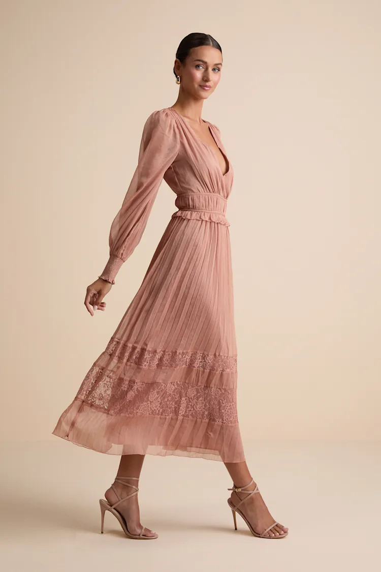Cambree Mauve Pink Pleated Blouson Sleeve Lace Midi Dress | Lulus