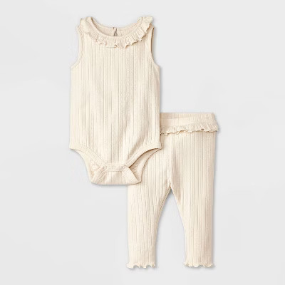 Baby Girls' Pointelle Ribbed Romper & Leggings Set - Cloud Island™ Cream Newborn | Target