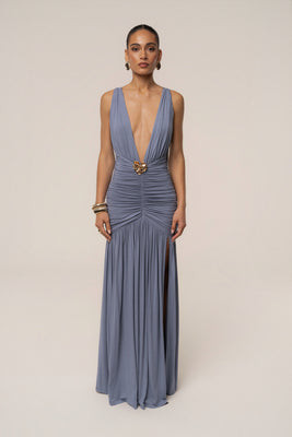 Blue Golden Evenings Halter Dress | JLUXLABEL US