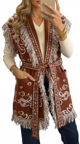 Saodimallsu Womens Sleeveless Long Cardigan Sweaters Fringe Shawl Collar Boho Paisley Wrap Belted... | Amazon (US)