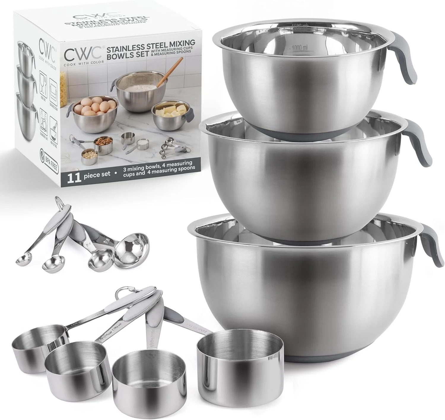 COOK WITH COLOR Stainless Steel Mixing Bowls Set and Measuring Cups - Nesting Bowls with Non-Slip... | Walmart (US)