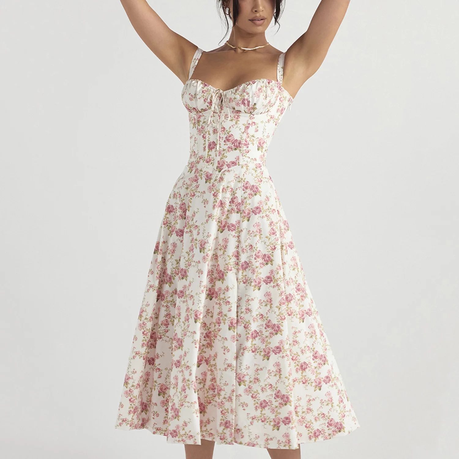 Women Floral Corset Midi Dress, Summer Boho Square Neck Sleeveless Flowy Slit Lace Up Print Fitte... | Walmart (US)