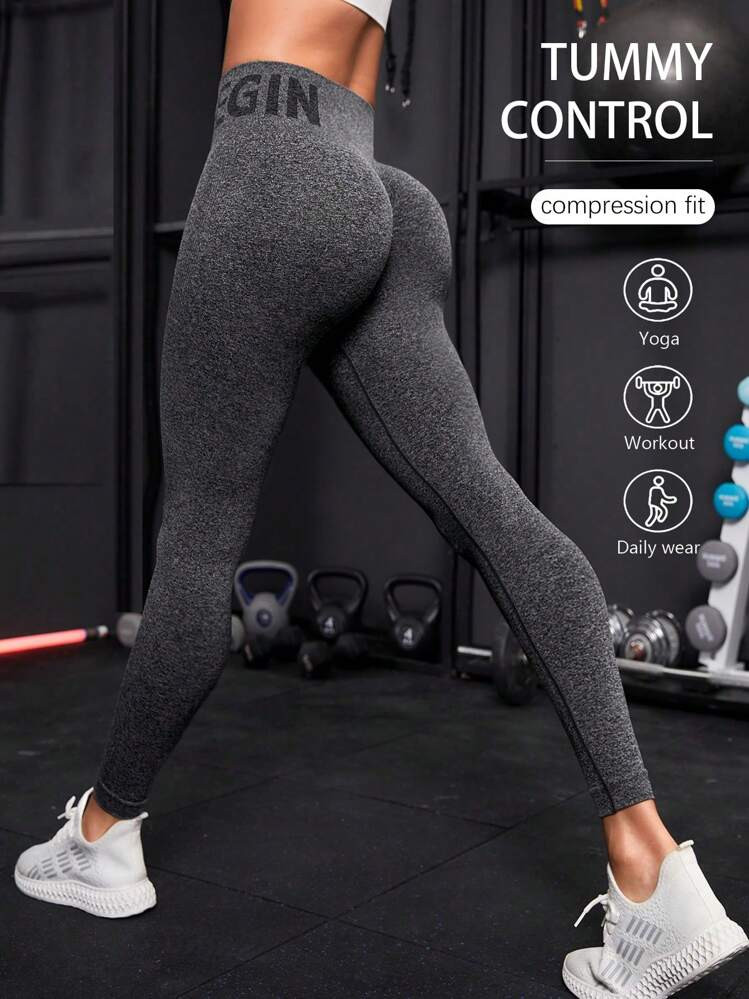 SHEIN Sport Powerista Letter Graphic Training Tights  Seamless High Stretch Tummy Control Scrunc... | SHEIN