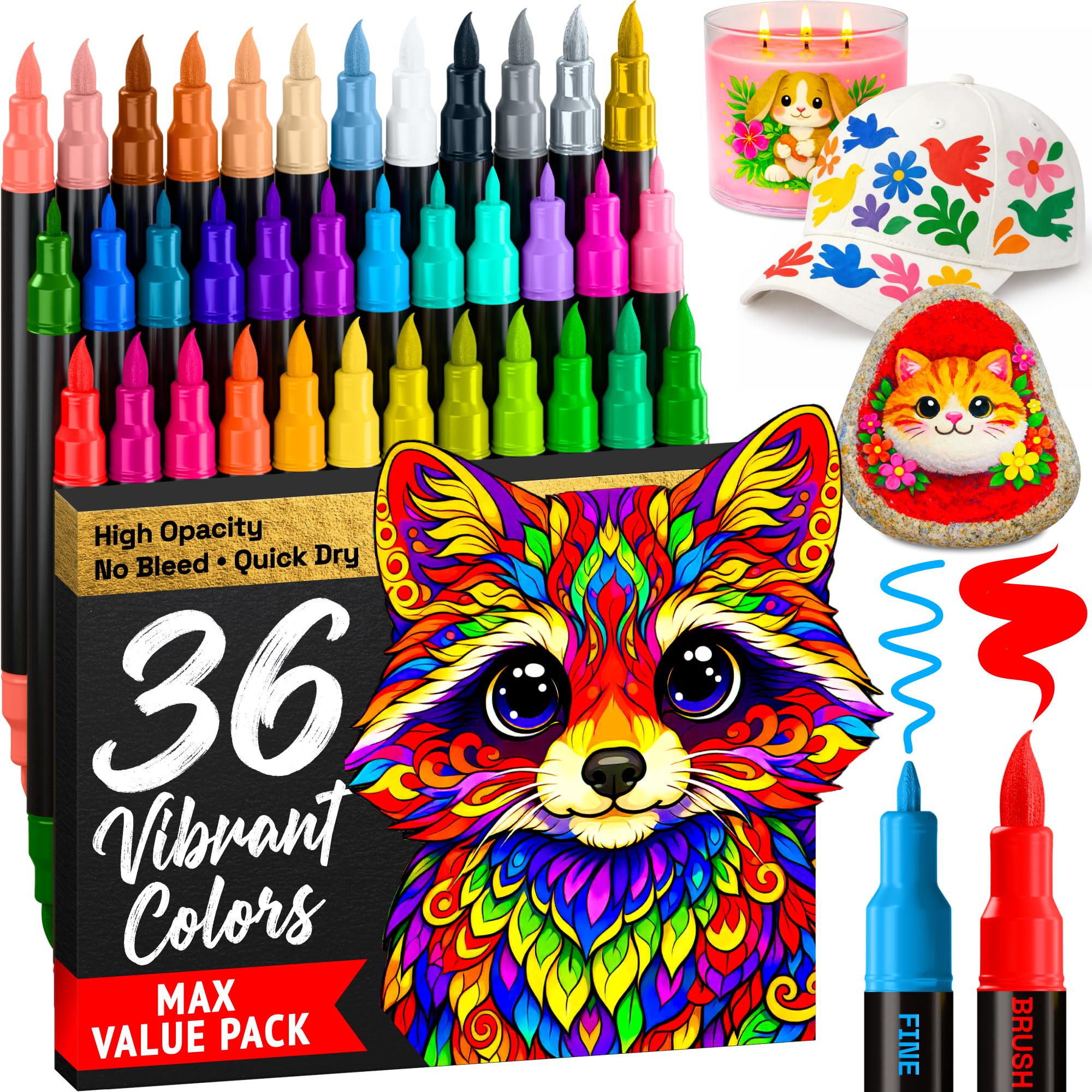 ARTISTRO 36 Acrylic Paint Markers - Paint Pens for Drawing, Brush + Fine Tips - For Fabric, Rock, Glass, Wood, DIY - Art & Craft Supplies for Adults, Teens, Kids - Teacher Appreciation Gift | Amazon (US)
