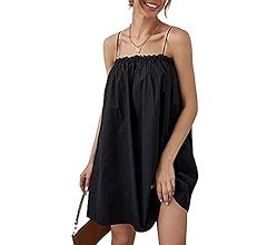 OYOANGLE Women's Spaghetti Straps Sleeveless Loose Ruffle A Line Cami Short Dress with Pocket | Amazon (US)