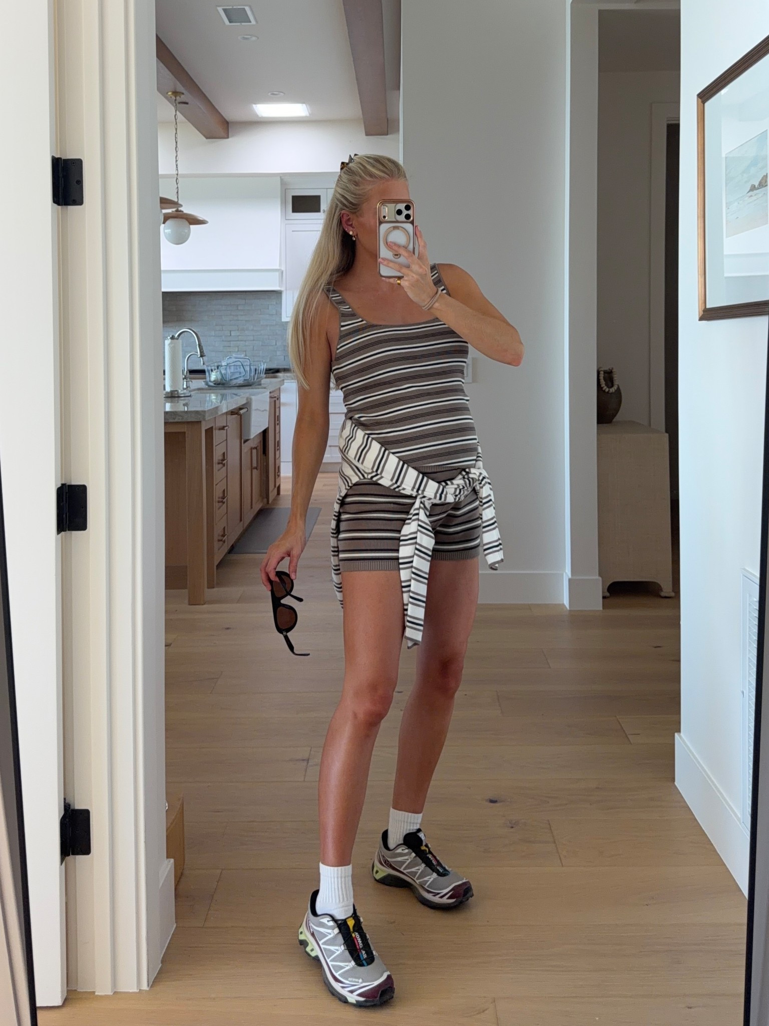 Medium in shorts, sweater, tank top - sized up for pregnancy. True size in shoes 

Bump friendly outfit 

#LTKBump