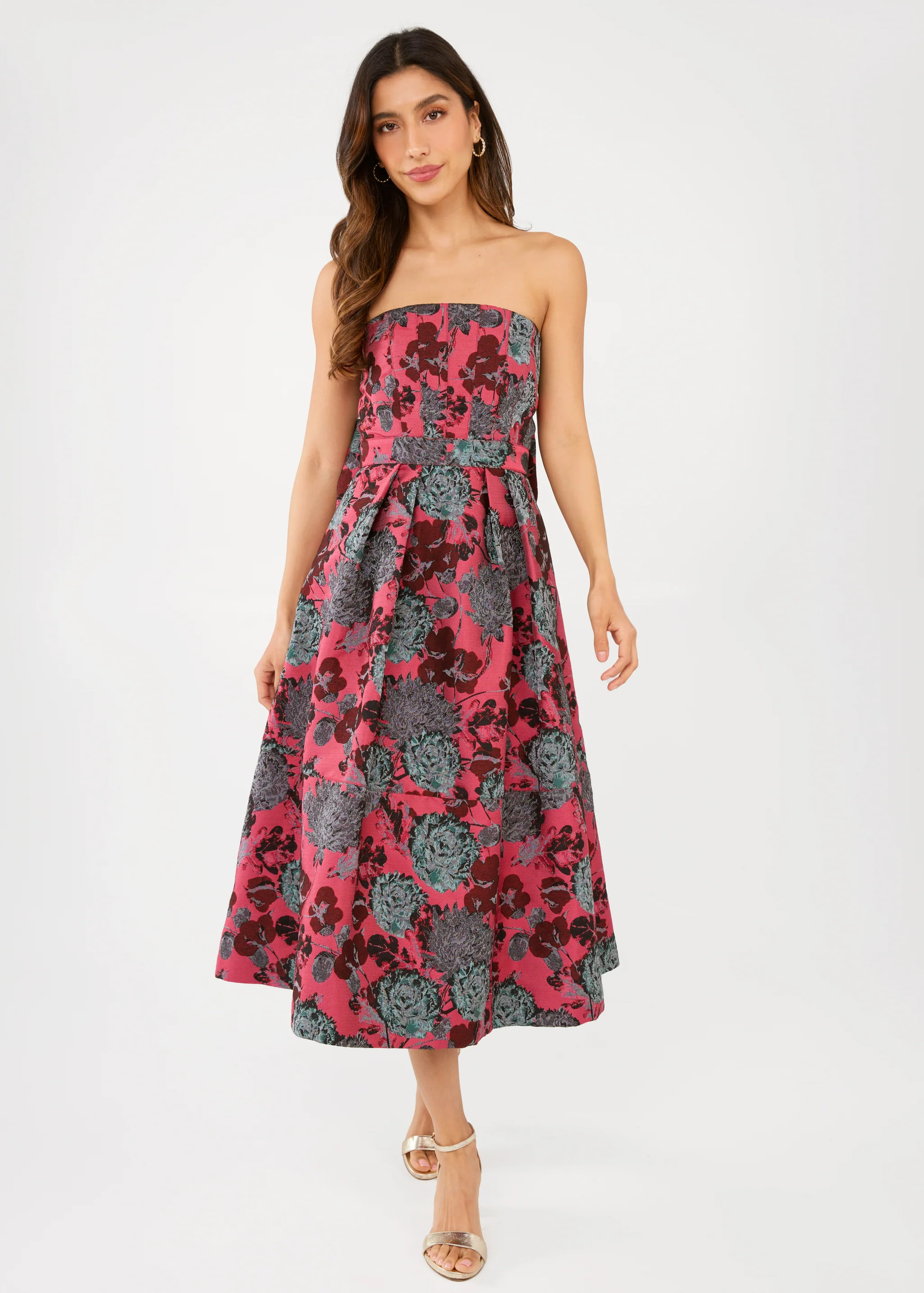 Catherine Dress Hot Pink Vintage Dahlia Jacquard | Abbey Glass