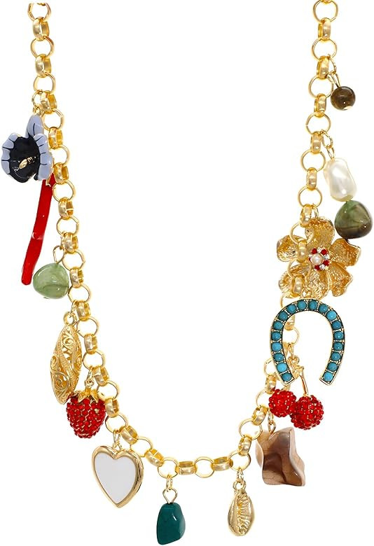 JNF Chunky Layered Gold Charm Necklace for Women Boho Heart Sun Flower Key Coins Charms Necklaces... | Amazon (US)