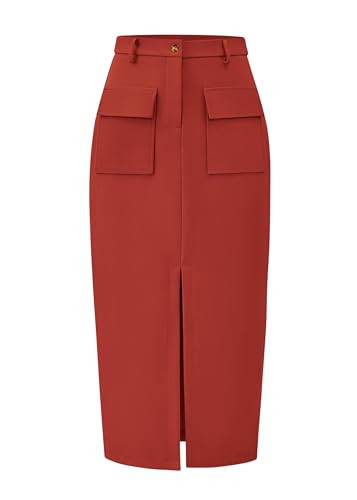 KIRUNDO Midi Skirts for Women Fall High Waisted Cargo Trendy Pencil Slit Dressy Casual Business Work Long Skirts(Small, Rust Red) | Amazon (US)