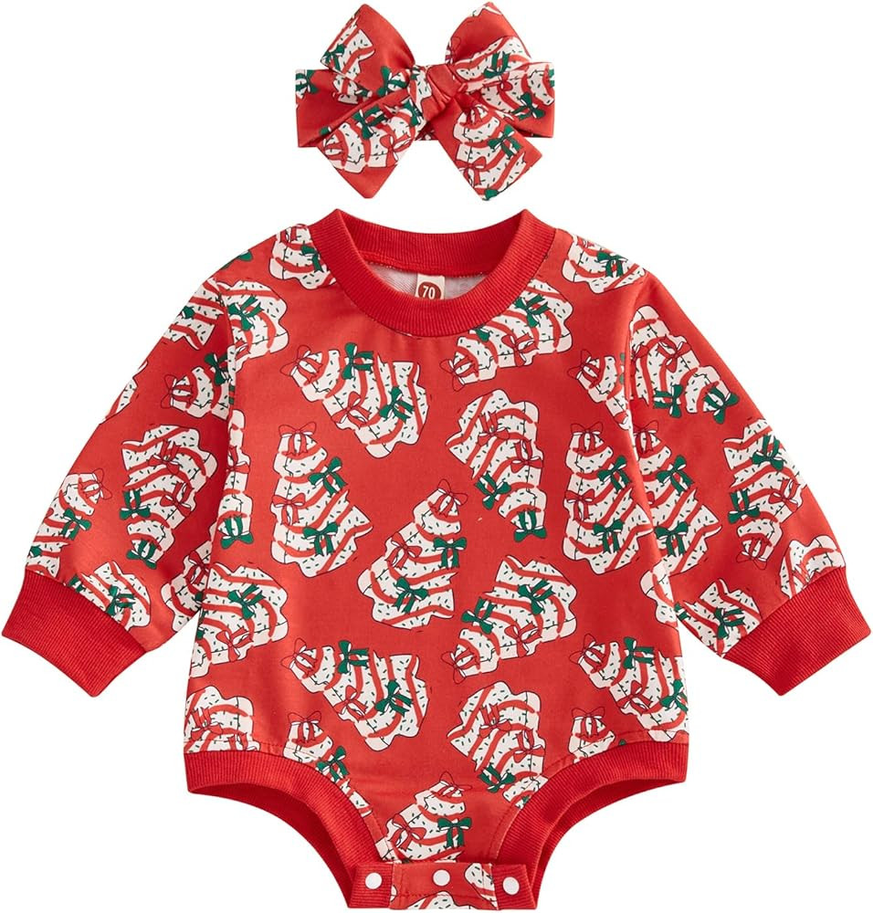 Baby Girl Christmas Outfit Long Sleeve Cookie Print Crewneck Sweatshirt Bubble Romper Infant Long... | Amazon (US)