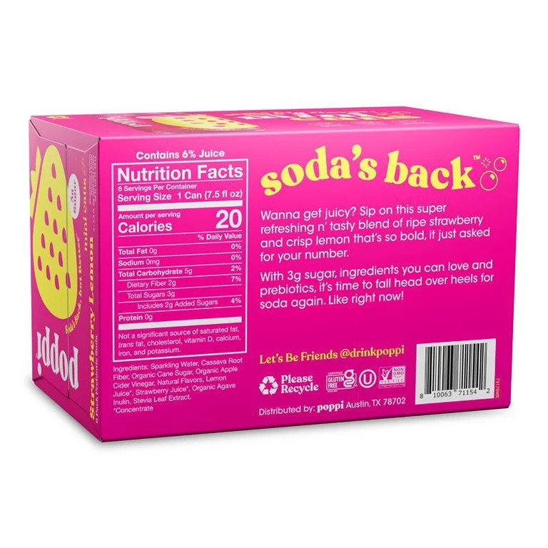 poppi Strawberry Lemon Prebiotic Soda Mini Can, 7.5 fl oz, 6 Pack Cans | Walmart (US)